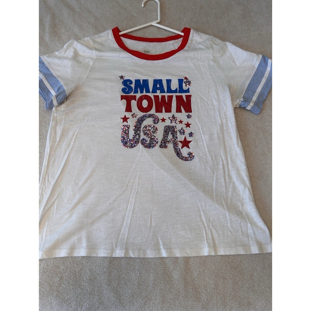 Cato Womens Large Small Town USA Patriotic T Shirt Red White Blue Sequin Stars